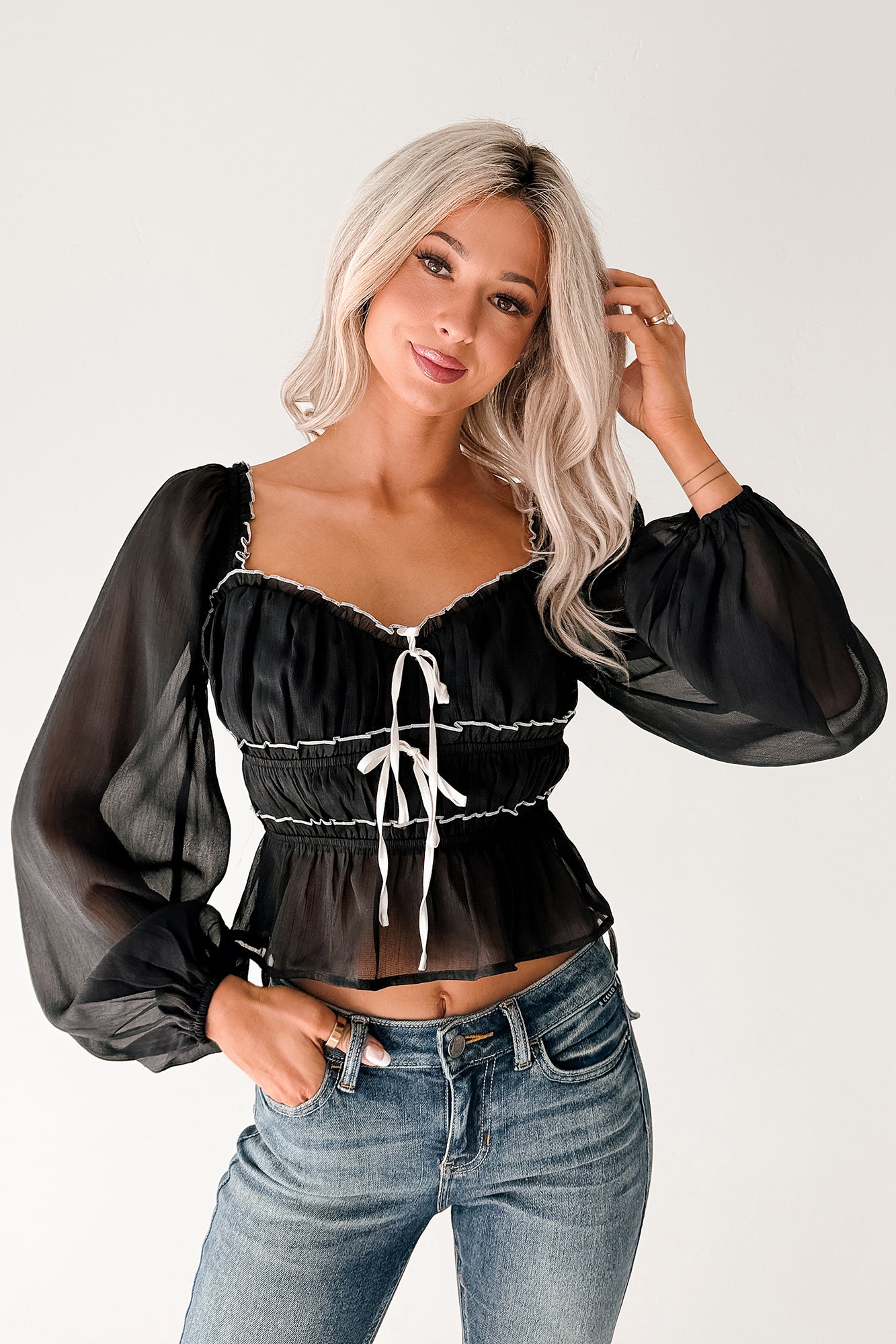 Cute With It Sweetheart Neck Bow Detail Top (Black) - NanaMacs