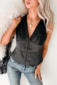 Sit With Me Deep V-Neck Satin Tank Top (Black) - NanaMacs