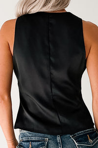 Sit With Me Deep V-Neck Satin Tank Top (Black) - NanaMacs