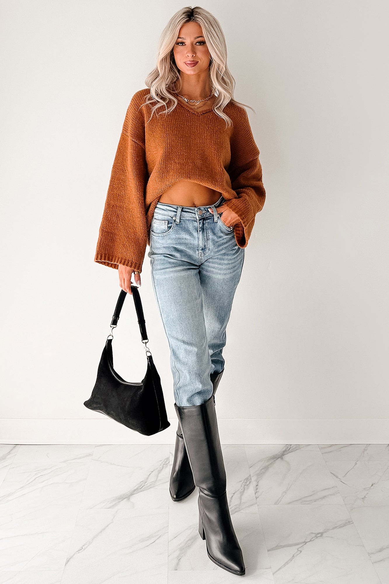 Coffee Talks Chunky V-Neck Sweater (Brown) - NanaMacs