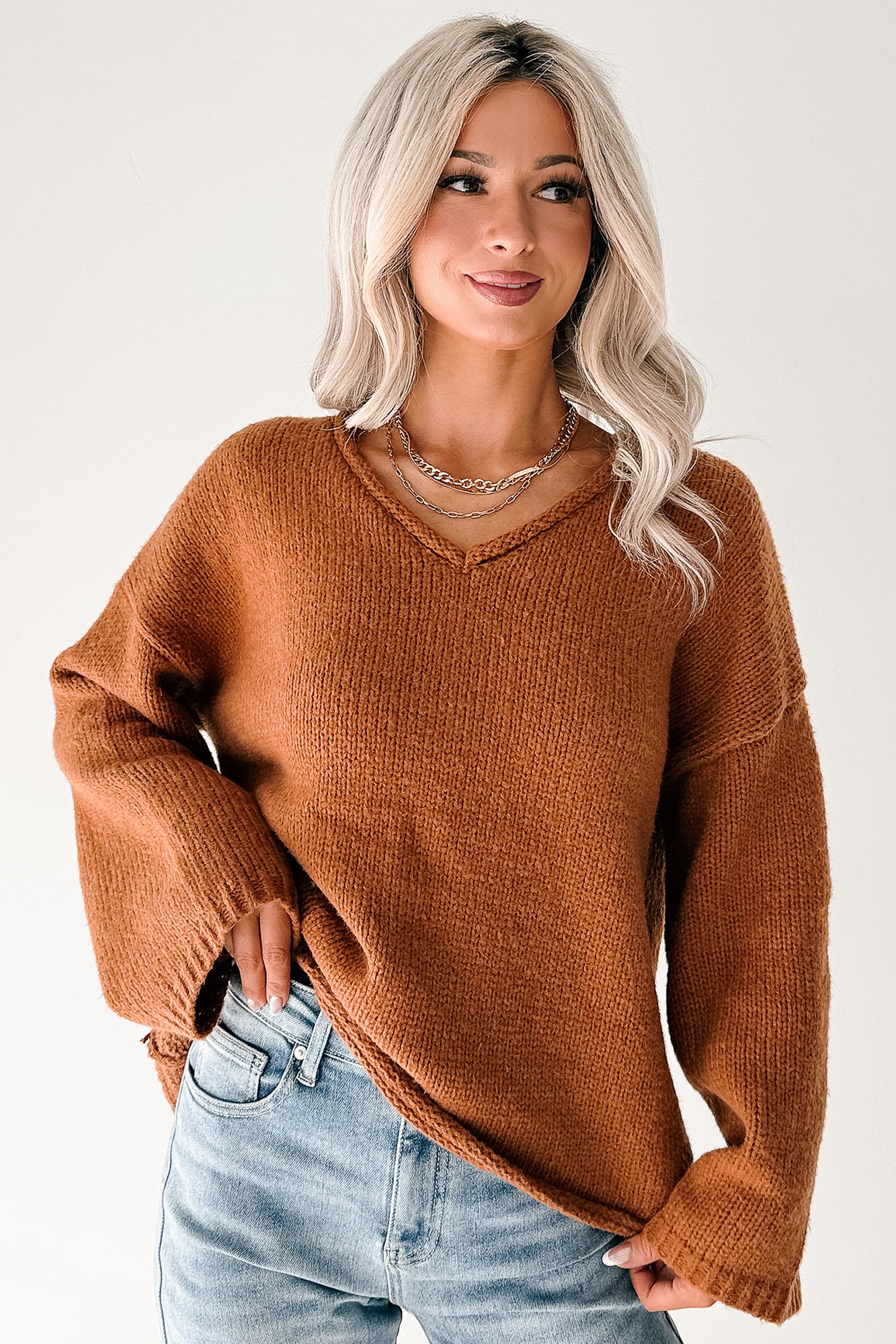 Coffee Talks Chunky V-Neck Sweater (Brown) - NanaMacs