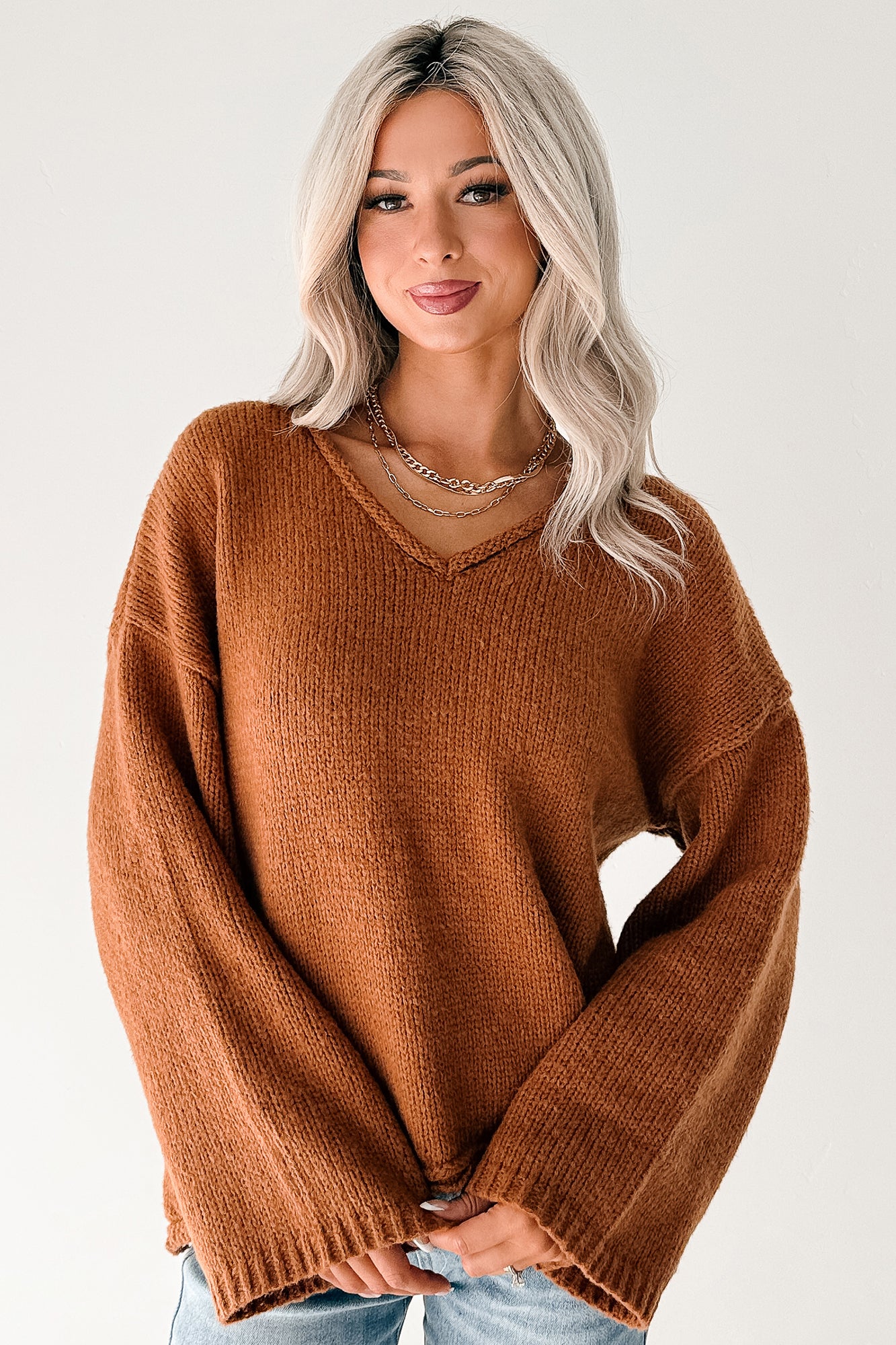 Coffee Talks Chunky V-Neck Sweater (Brown) - NanaMacs