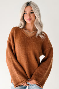 Coffee Talks Chunky V-Neck Sweater (Brown) - NanaMacs