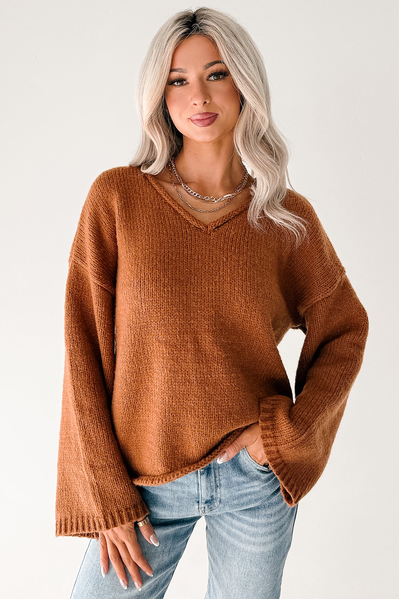 Coffee Talks Chunky V-Neck Sweater (Brown) - NanaMacs