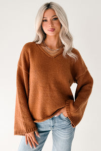 Coffee Talks Chunky V-Neck Sweater (Brown) - NanaMacs