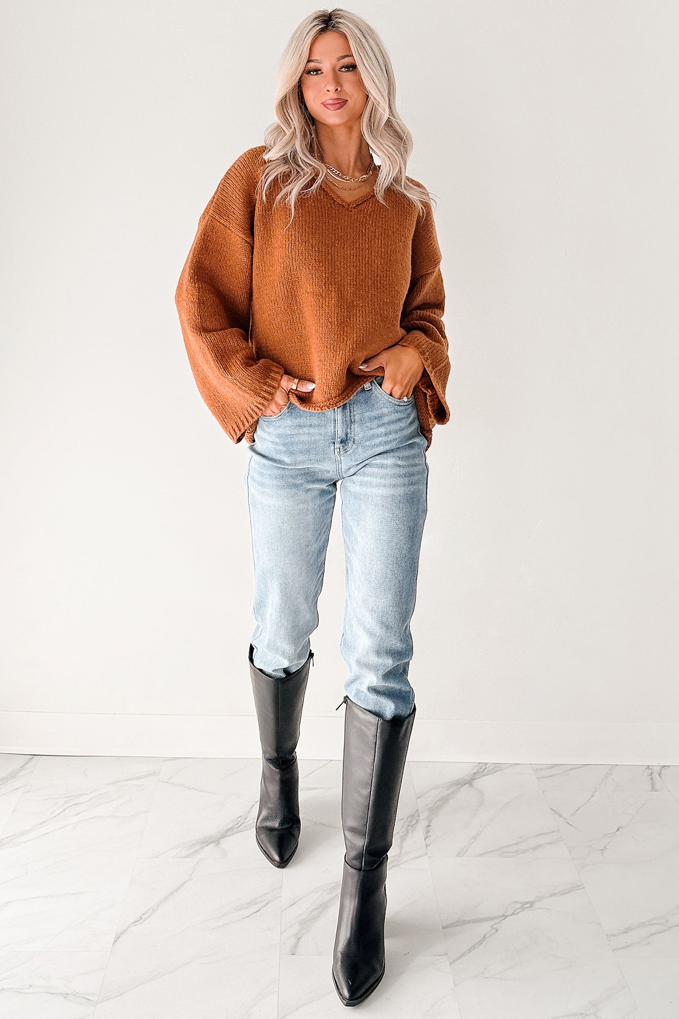 Coffee Talks Chunky V-Neck Sweater (Brown) - NanaMacs