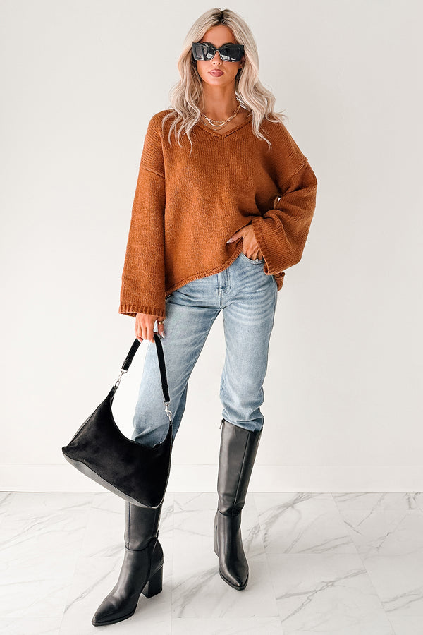 Coffee Talks Chunky V-Neck Sweater (Brown) - NanaMacs