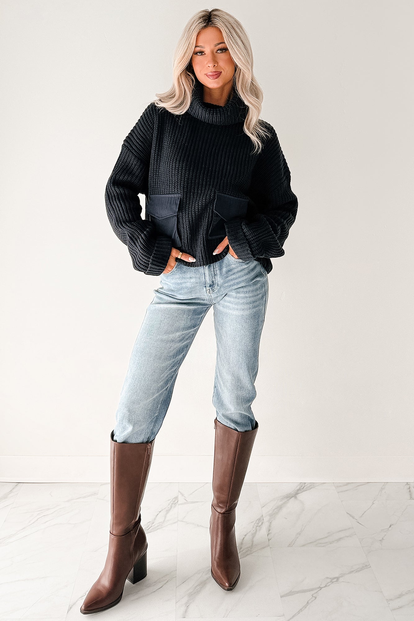 Tell Me Everything Cowl Neck Cargo Sweater (Dark Navy) - NanaMacs