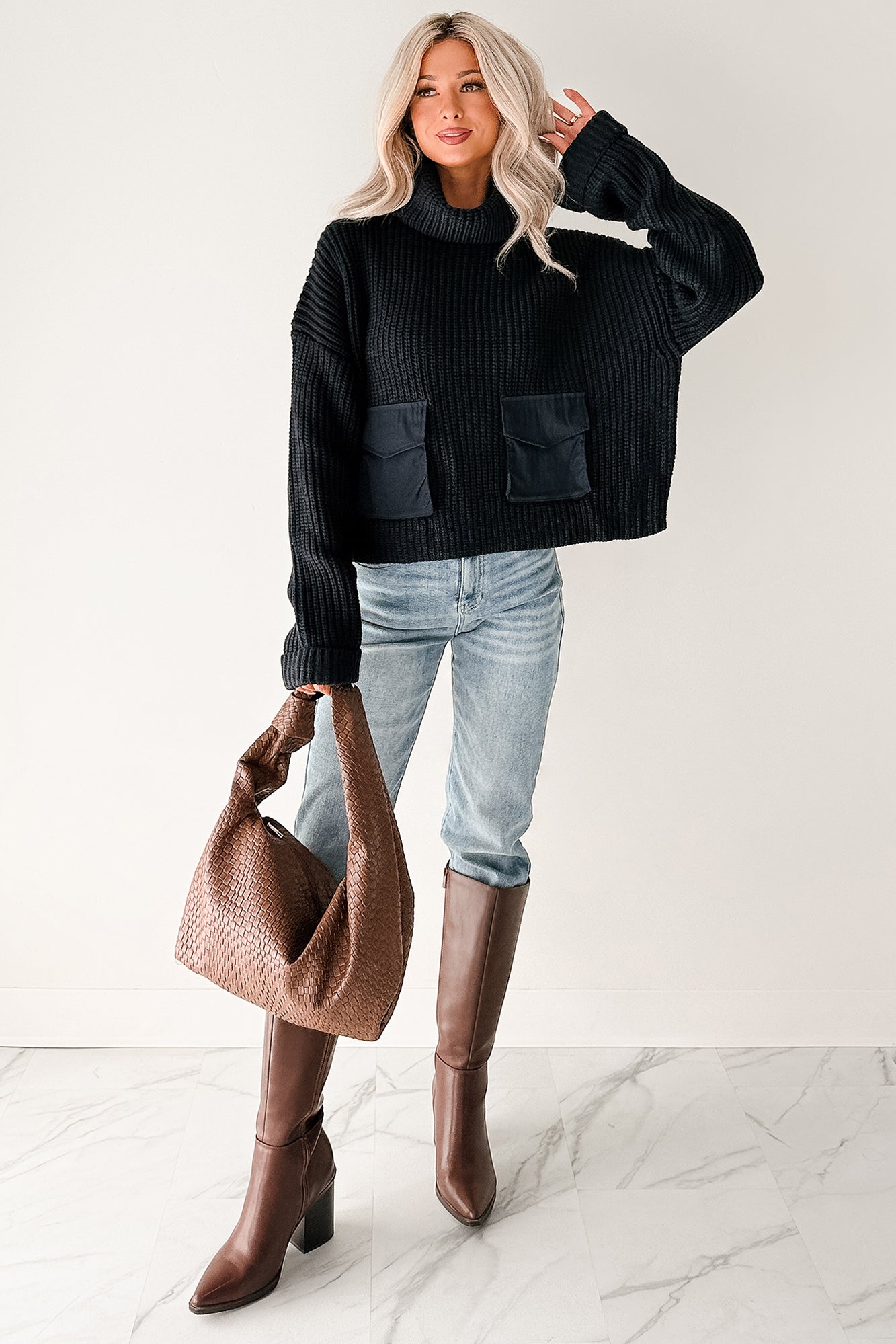 Tell Me Everything Cowl Neck Cargo Sweater (Dark Navy) - NanaMacs