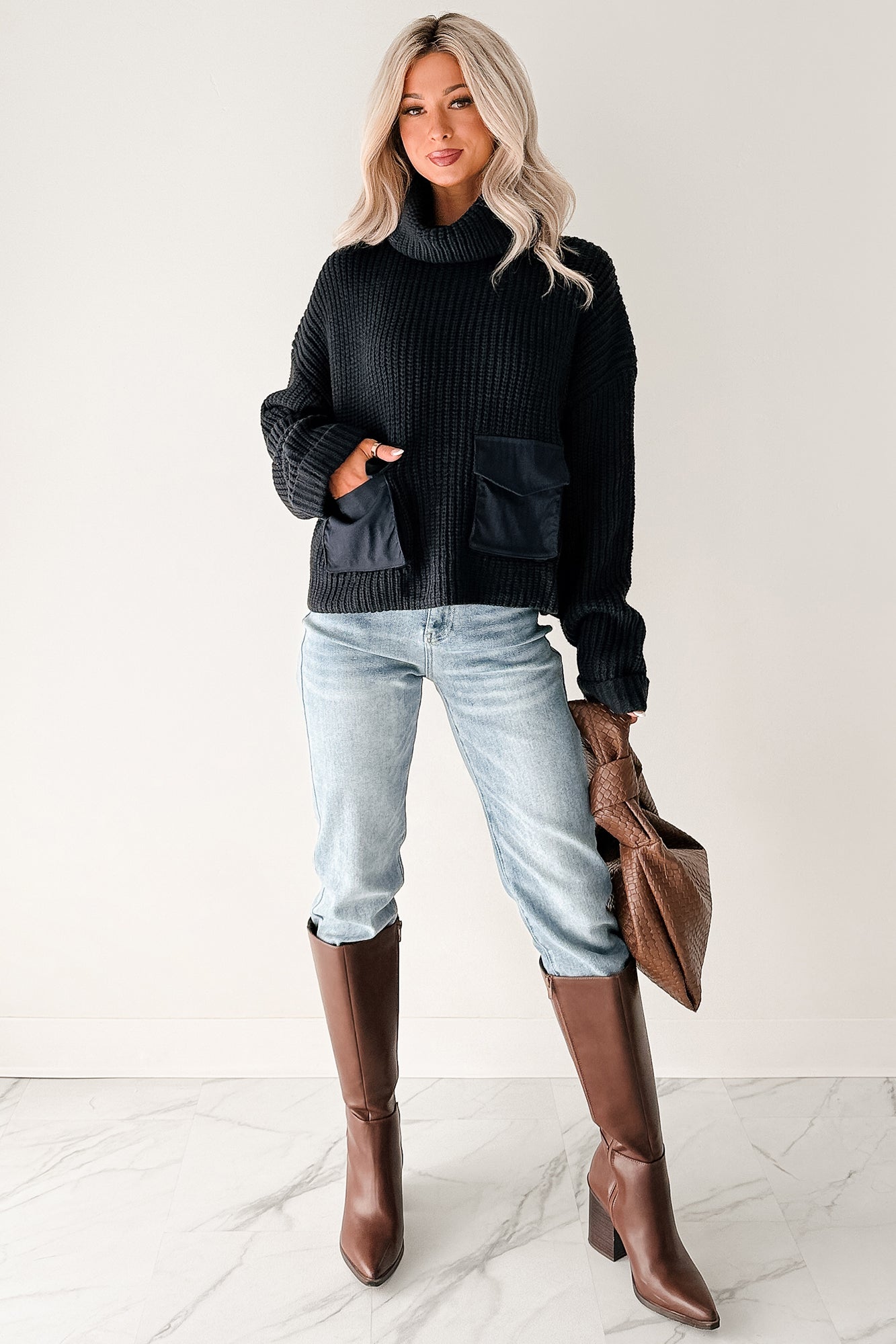 Tell Me Everything Cowl Neck Cargo Sweater (Dark Navy) - NanaMacs