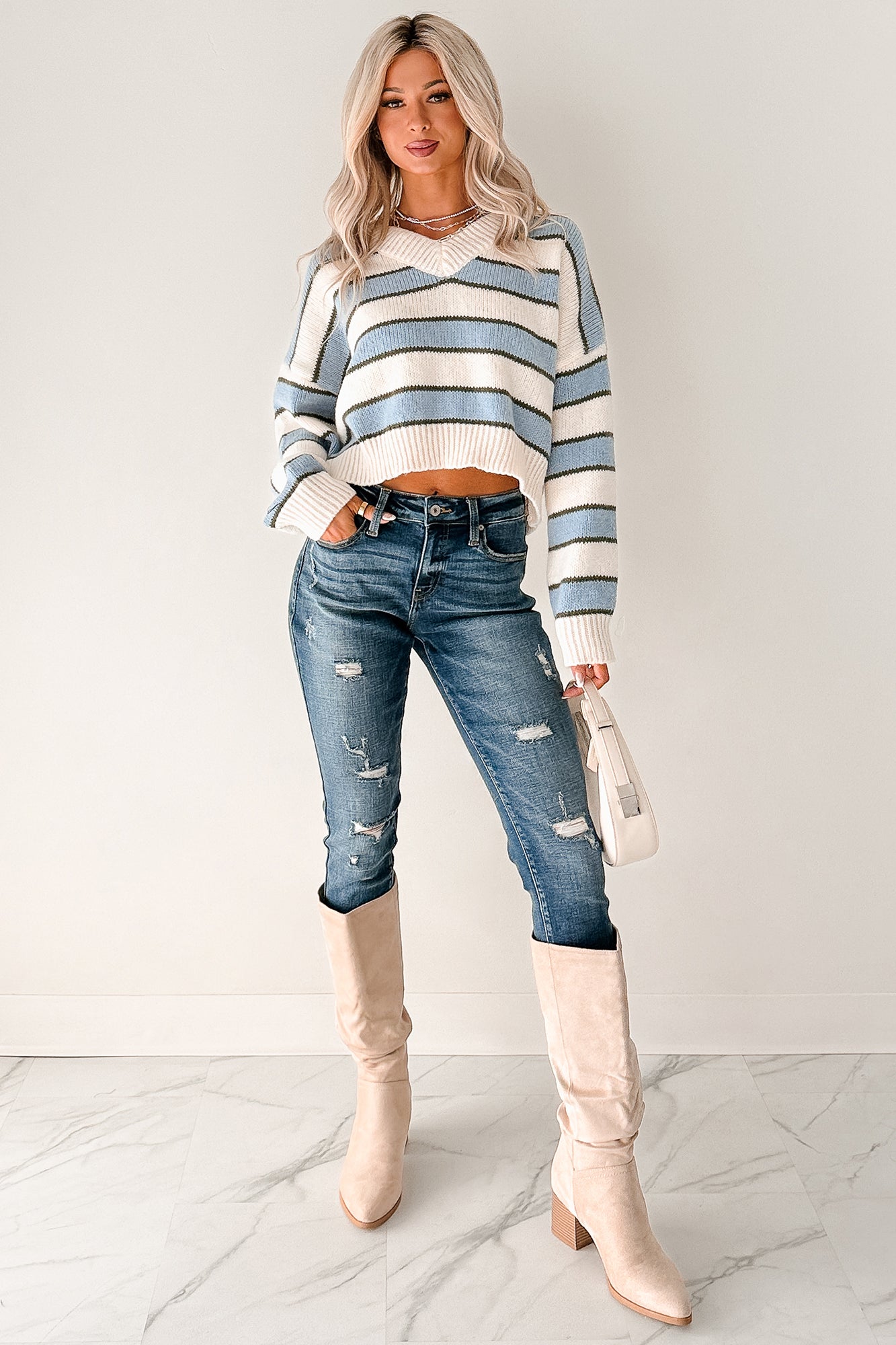 Keep It Soft Striped V Neck Sweater (White/Blue) - NanaMacs