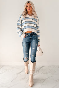 Keep It Soft Striped V Neck Sweater (White/Blue) - NanaMacs