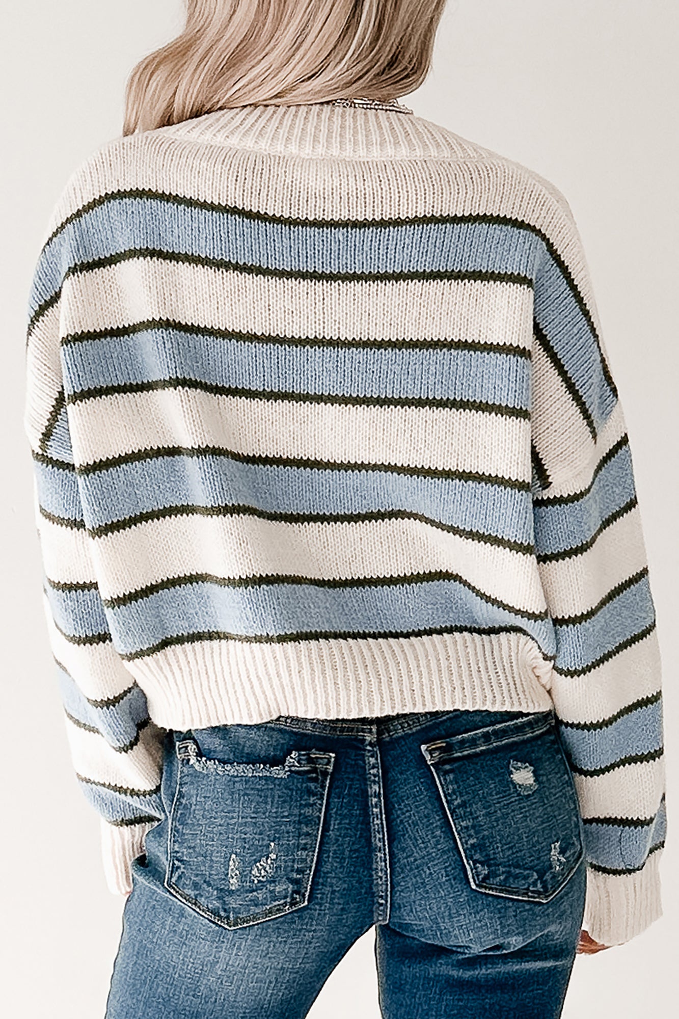 Keep It Soft Striped V Neck Sweater (White/Blue) - NanaMacs