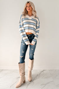 Keep It Soft Striped V Neck Sweater (White/Blue) - NanaMacs