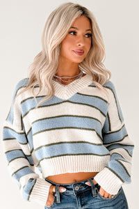 Keep It Soft Striped V Neck Sweater (White/Blue) - NanaMacs