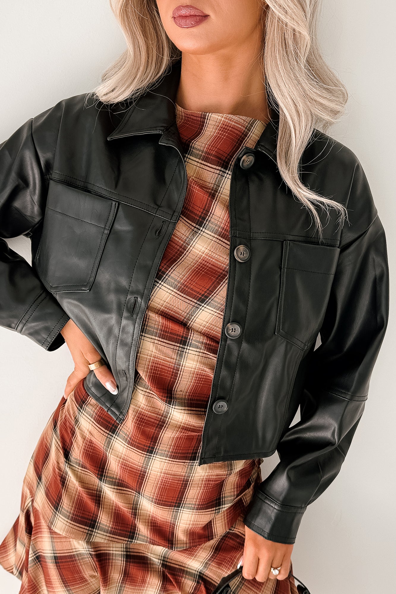 Minimal Motion Faux Leather Button-Up Jacket (Black) - NanaMacs