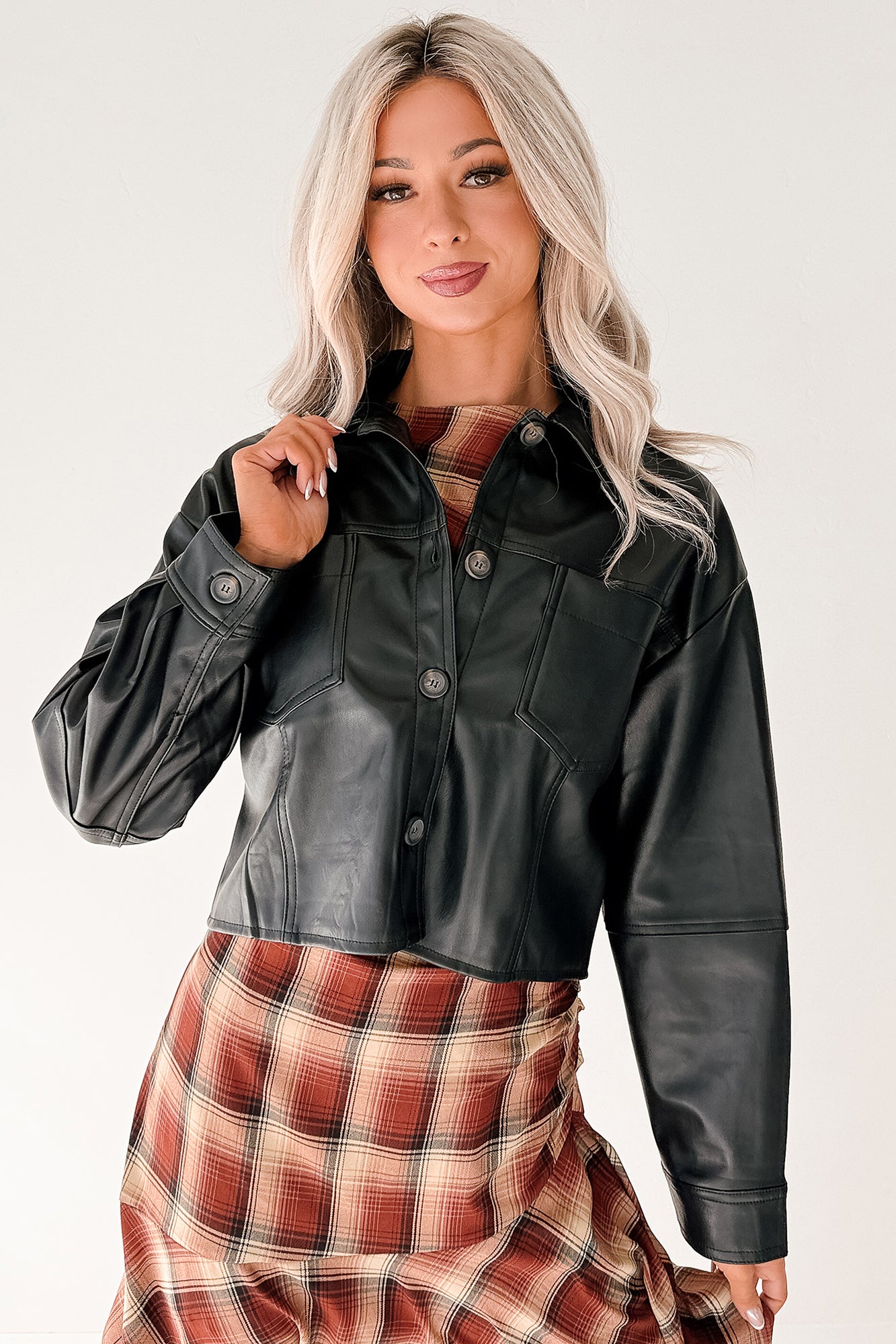 Minimal Motion Faux Leather Button-Up Jacket (Black) - NanaMacs
