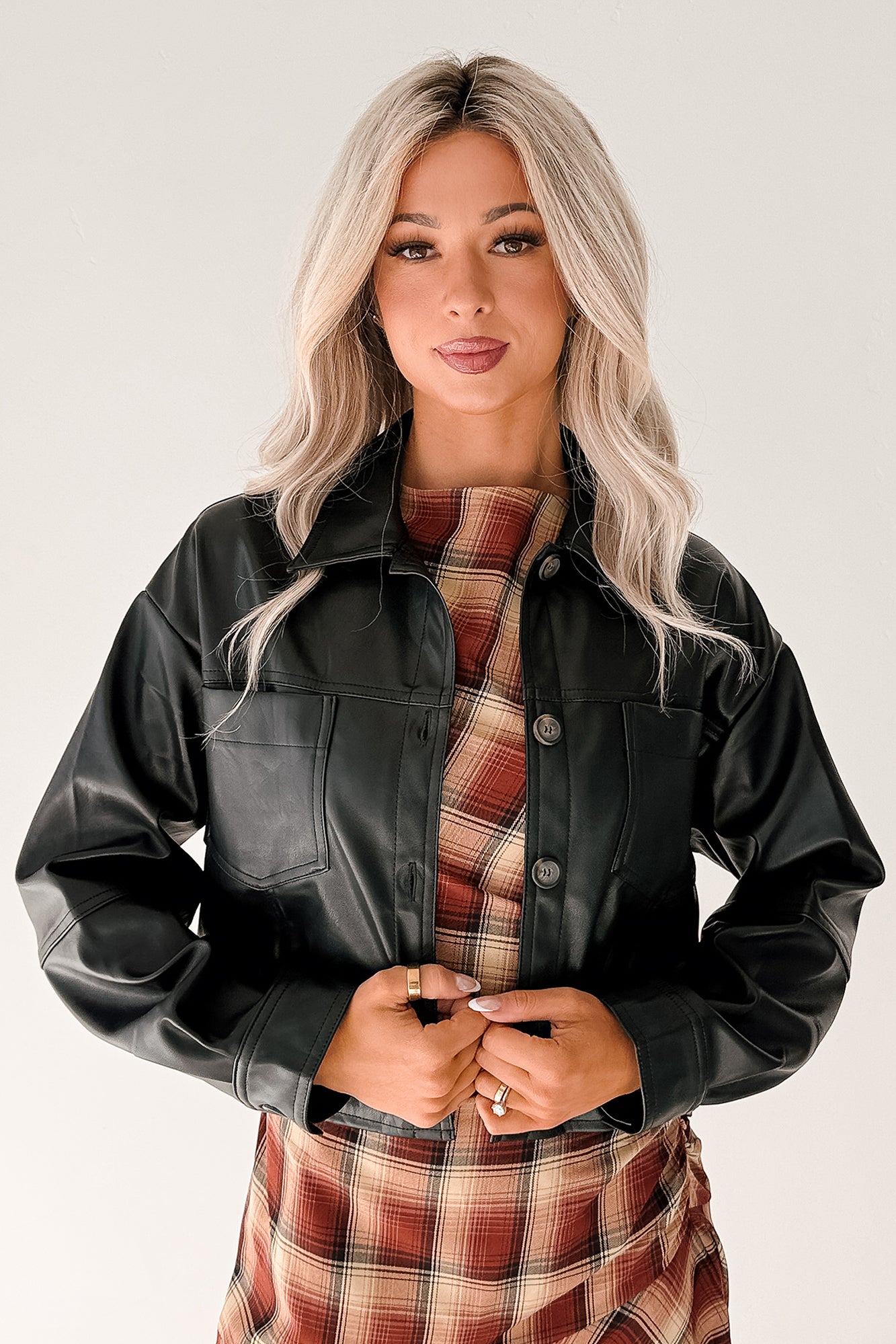 Minimal Motion Faux Leather Button-Up Jacket (Black) · NanaMacs