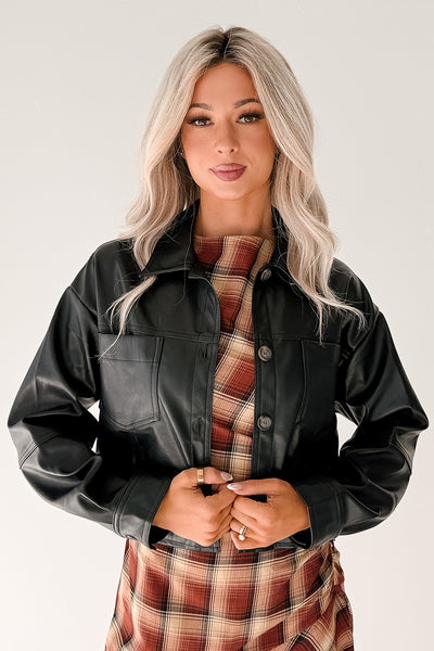 Minimal Motion Faux Leather Button-Up Jacket (Black) - NanaMacs