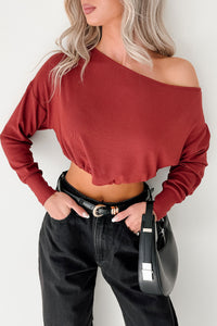 Glow Up Goals Ribbed Off The Shoulder Crop Top (Brick Red) - NanaMacs