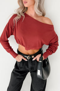 Glow Up Goals Ribbed Off The Shoulder Crop Top (Brick Red) - NanaMacs
