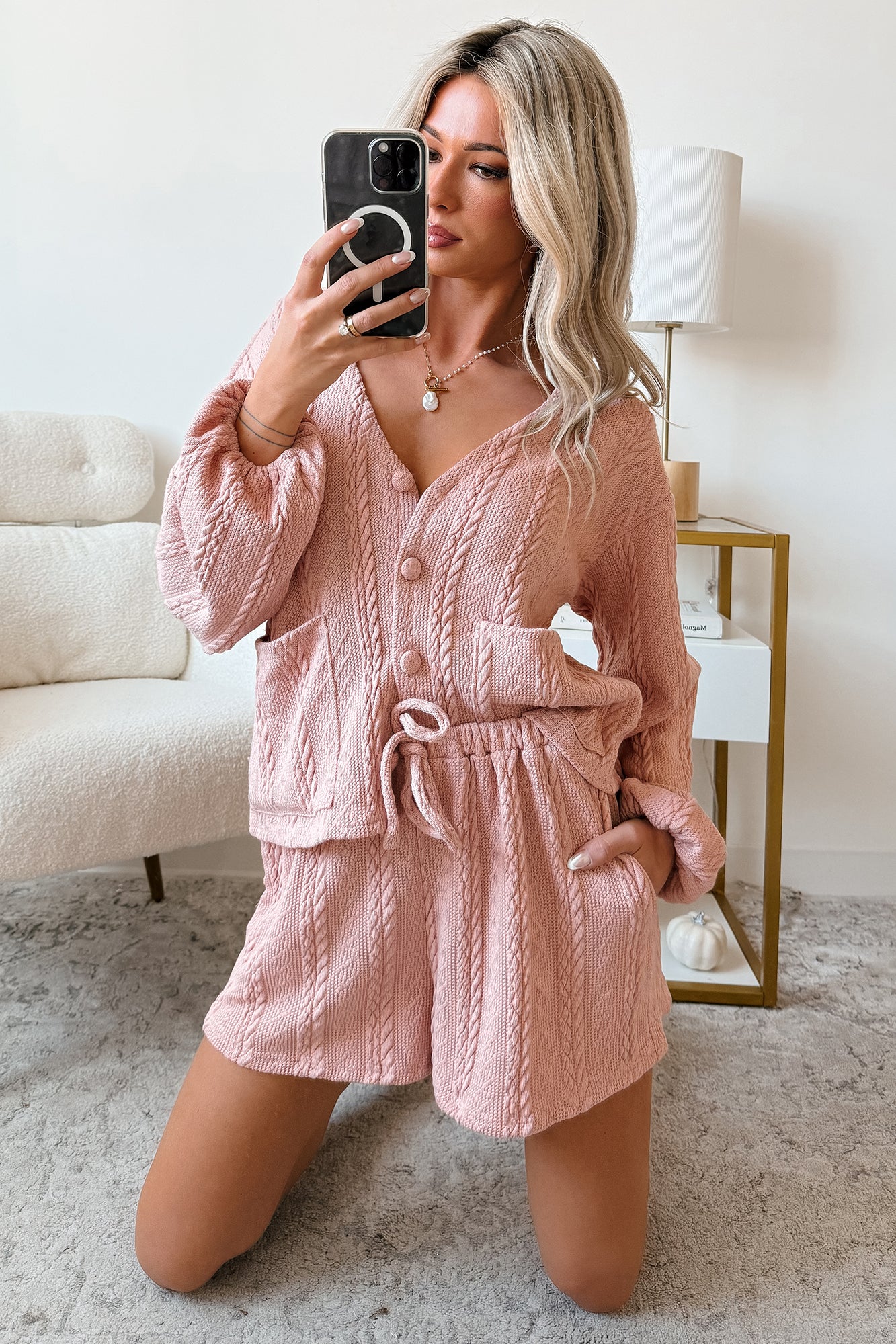 Sweet & Steady Cable Knit Cardigan Set (Dusty Pink) - NanaMacs