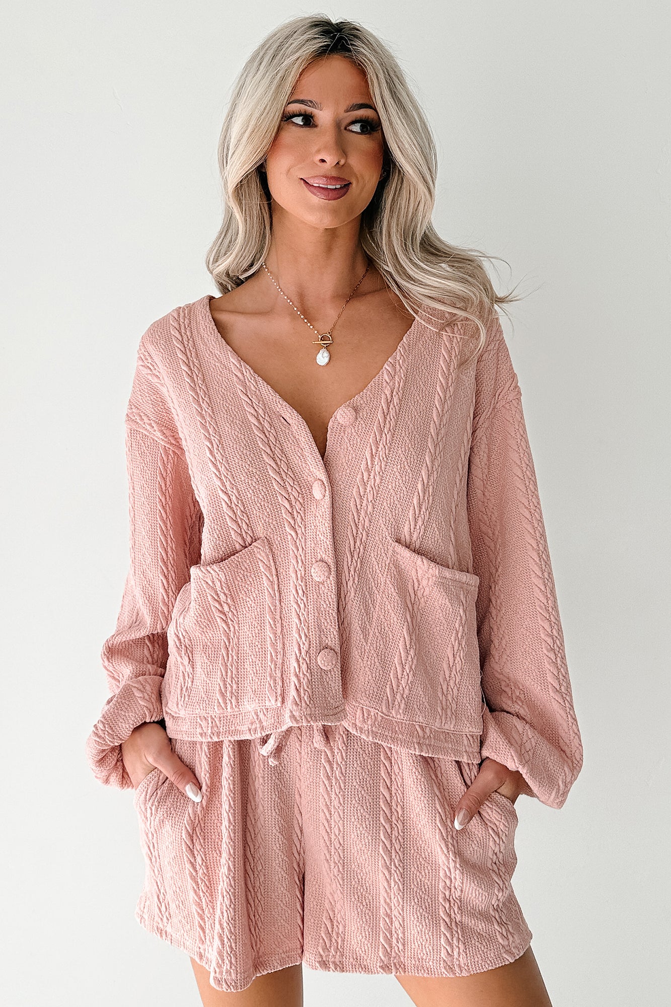 Sweet & Steady Cable Knit Cardigan Set (Dusty Pink) - NanaMacs
