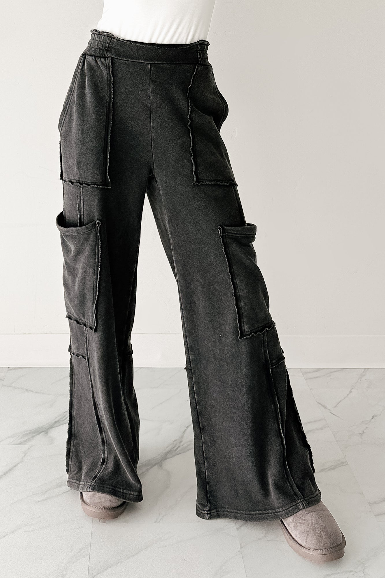 Made Ready Wide Leg Cargo Sweatpants (Black) - NanaMacs