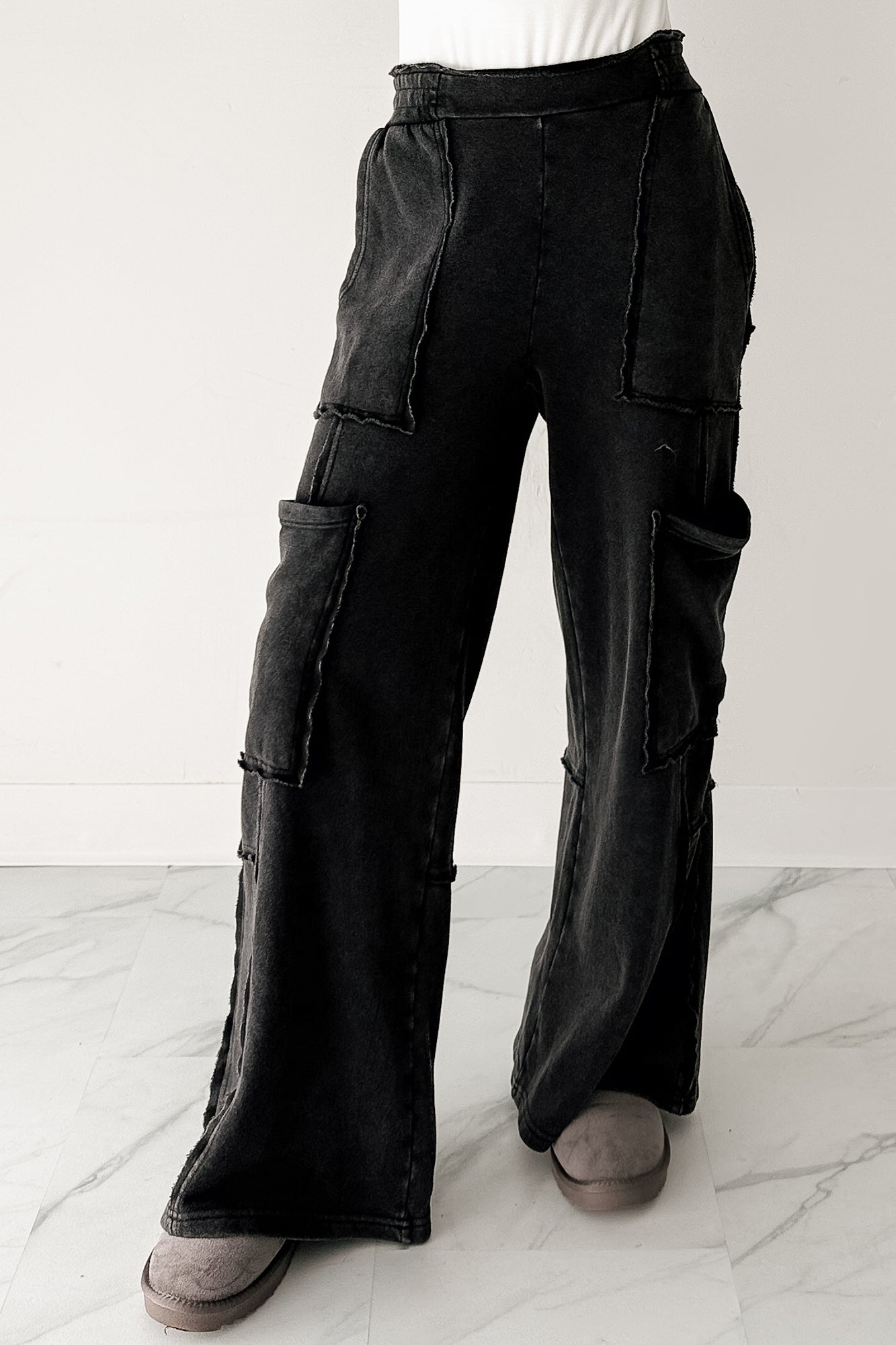 Made Ready Wide Leg Cargo Sweatpants (Black) - NanaMacs