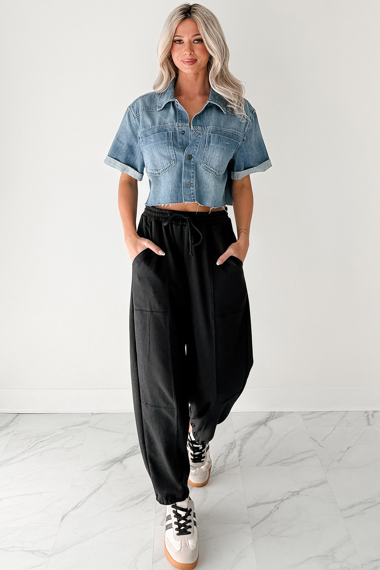 Out & About Short Sleeve Denim Crop Top (Medium) - NanaMacs