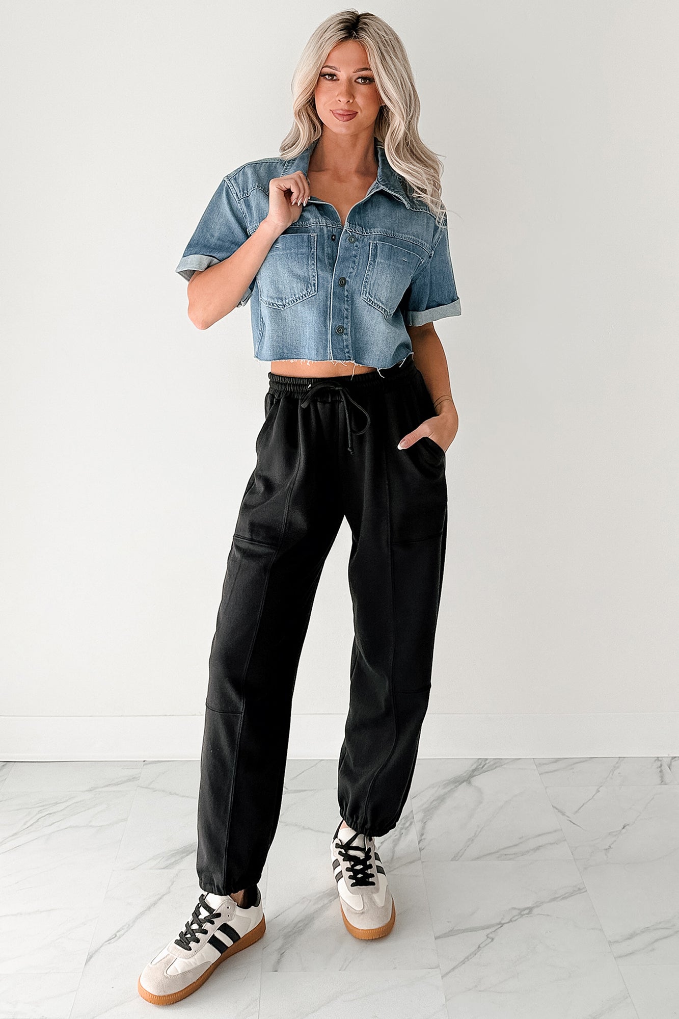 Out & About Short Sleeve Denim Crop Top (Medium) - NanaMacs