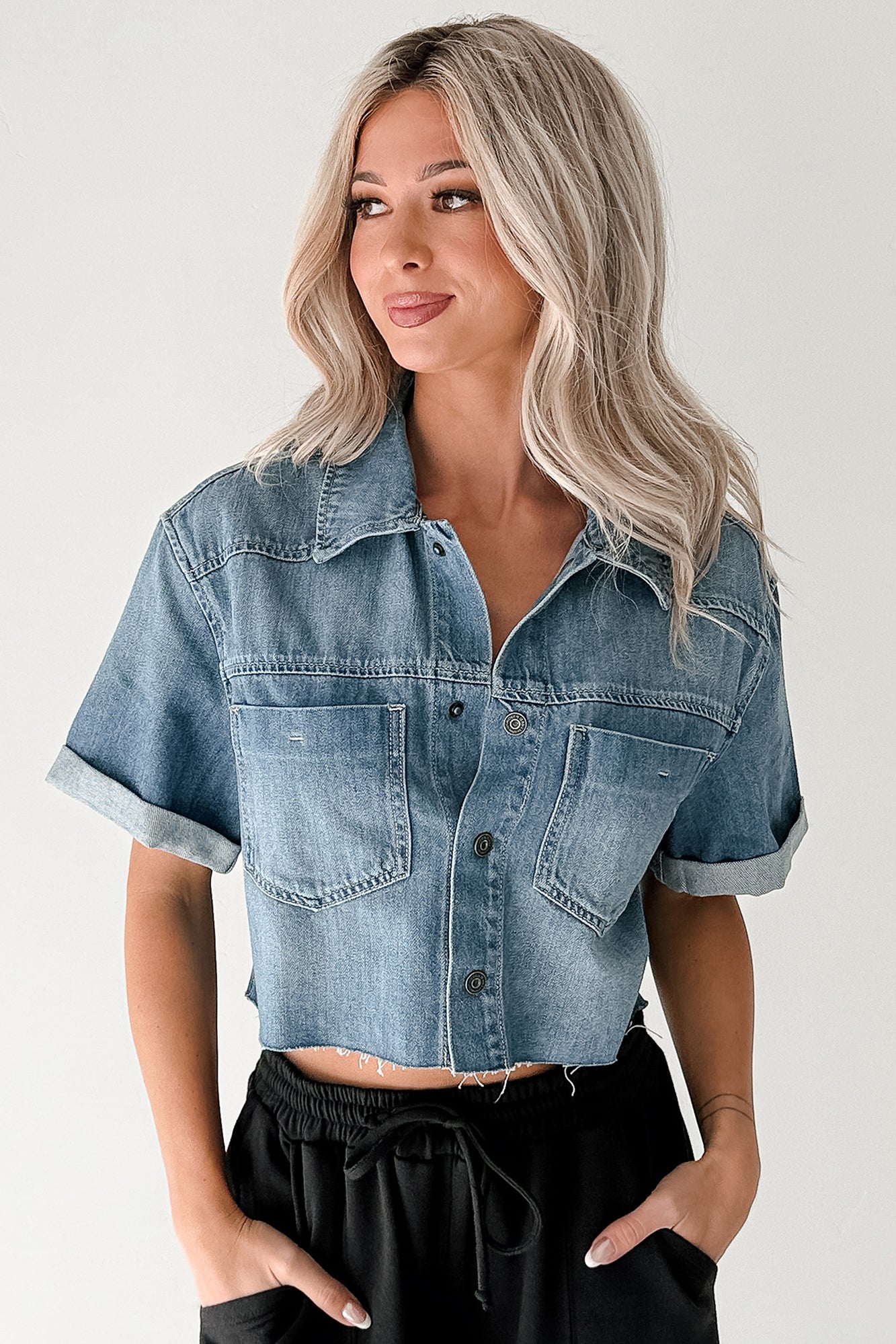 Out & About Short Sleeve Denim Crop Top (Medium) - NanaMacs