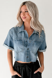 Out & About Short Sleeve Denim Crop Top (Medium) - NanaMacs