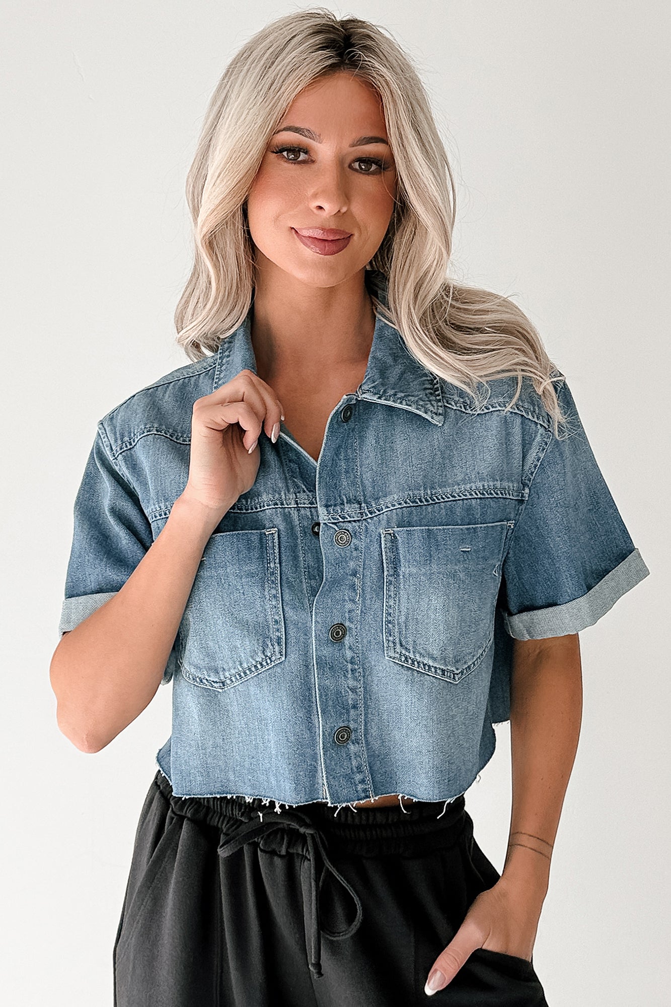 Out & About Short Sleeve Denim Crop Top (Medium) - NanaMacs