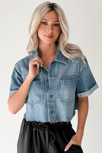 Out & About Short Sleeve Denim Crop Top (Medium) - NanaMacs