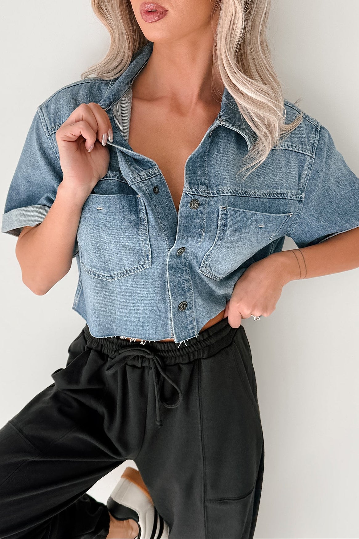 Out & About Short Sleeve Denim Crop Top (Medium) - NanaMacs