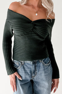 Soft Mirage Off The Shoulder Cable Knit Top (Green) - NanaMacs