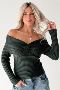 Soft Mirage Off The Shoulder Cable Knit Top (Green) - NanaMacs