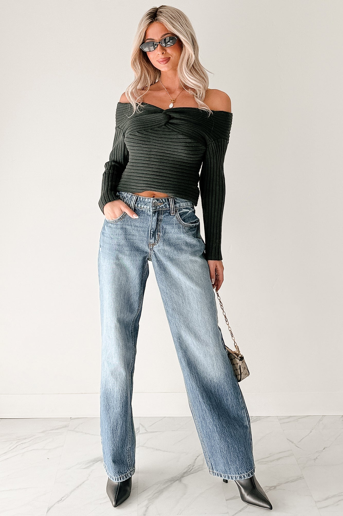 Soft Mirage Off The Shoulder Cable Knit Top (Green) - NanaMacs