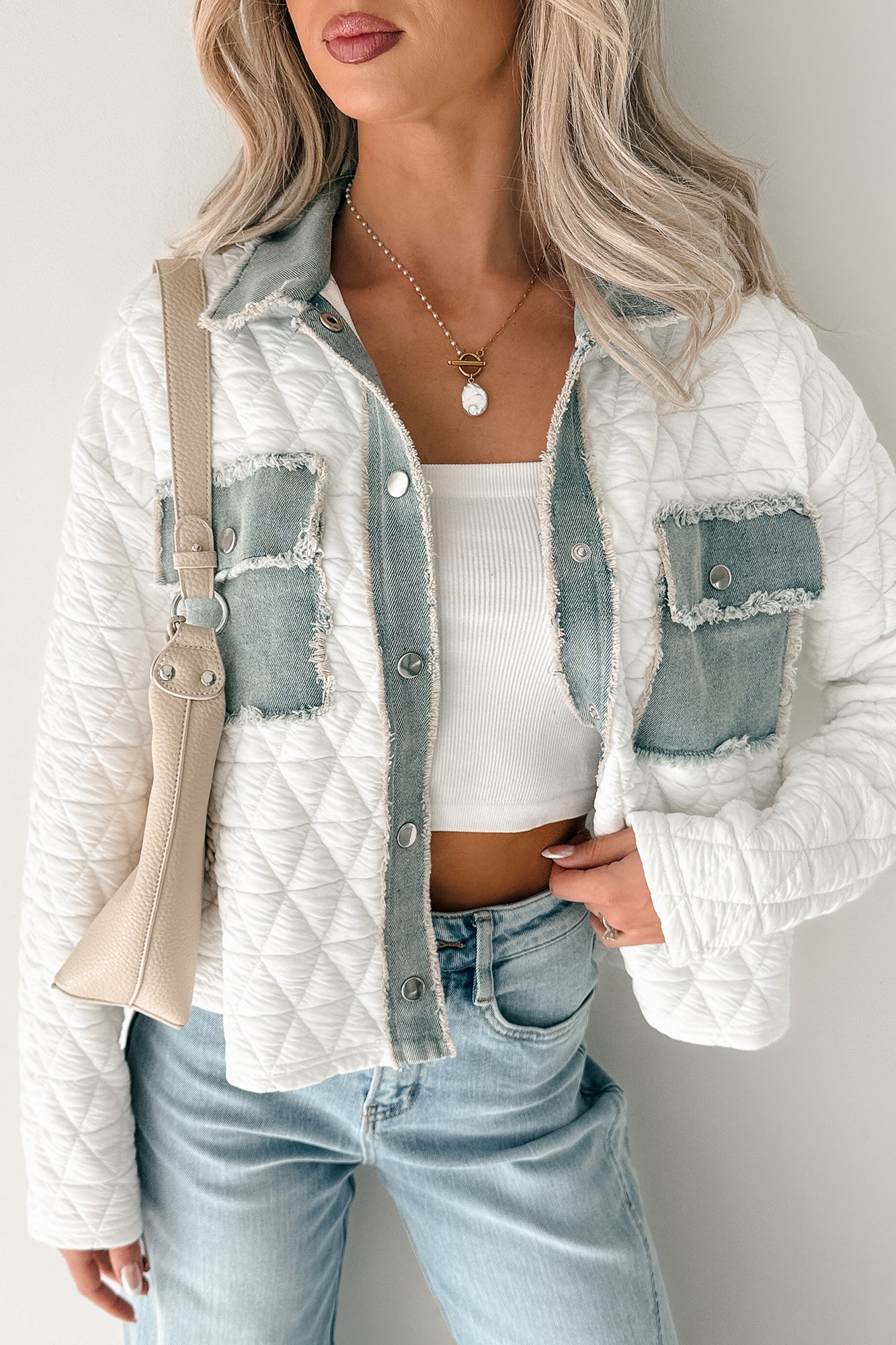 Always Me Quilted Denim Trim Jacket (Off White/Denim) - NanaMacs