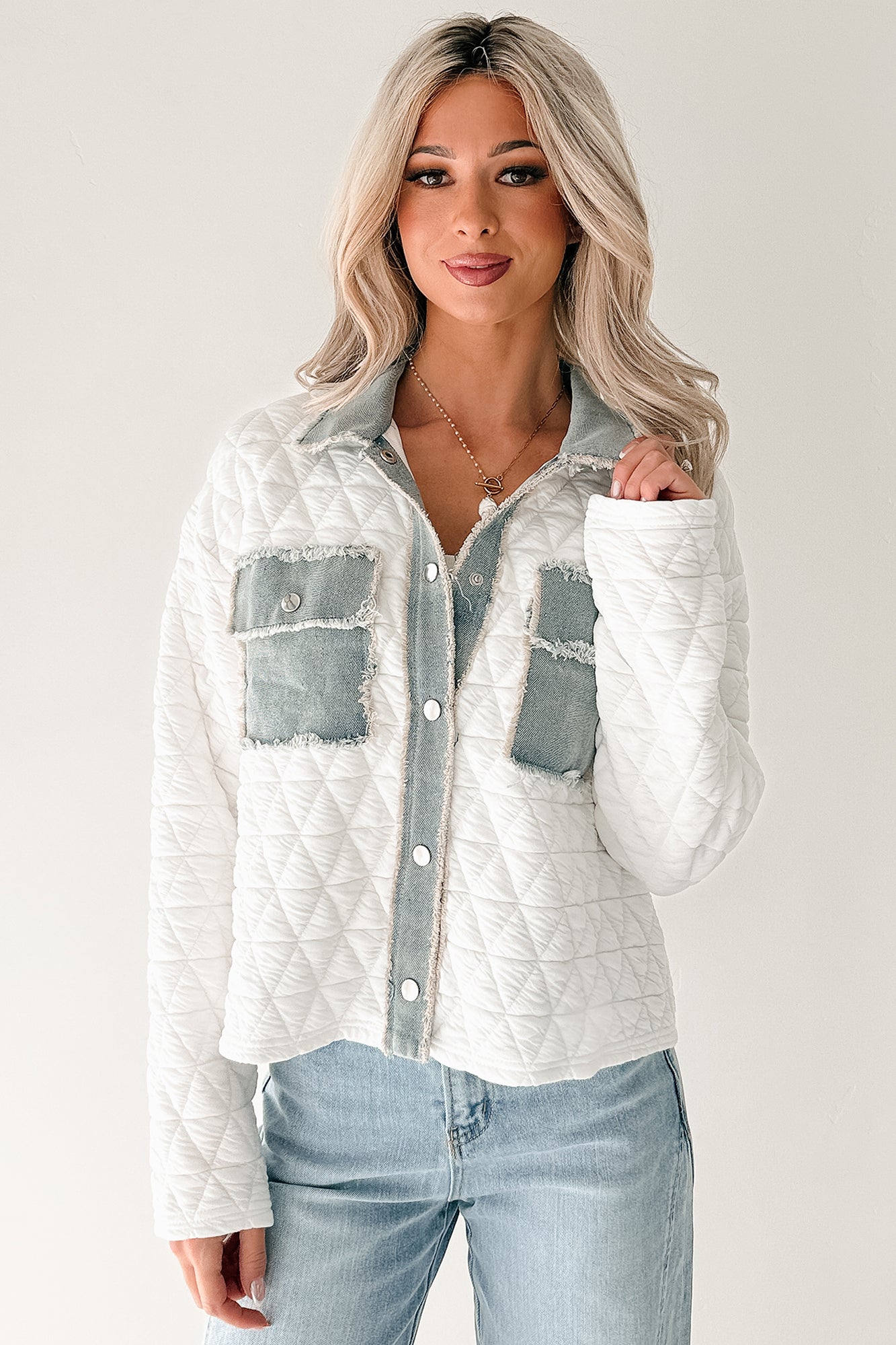 Always Me Quilted Denim Trim Jacket (Off White/Denim) - NanaMacs
