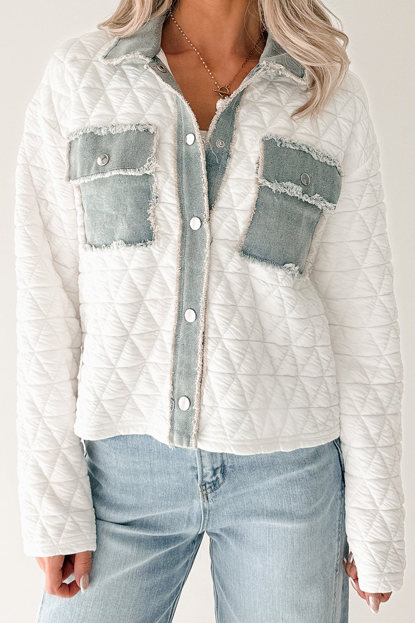Always Me Quilted Denim Trim Jacket (Off White/Denim) - NanaMacs