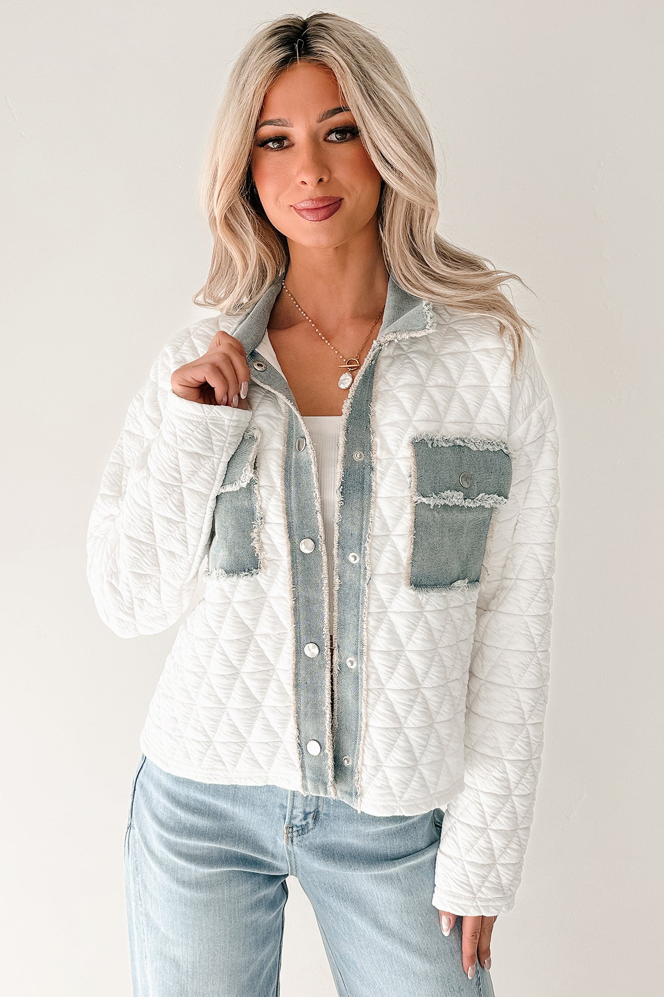Always Me Quilted Denim Trim Jacket (Off White/Denim) - NanaMacs