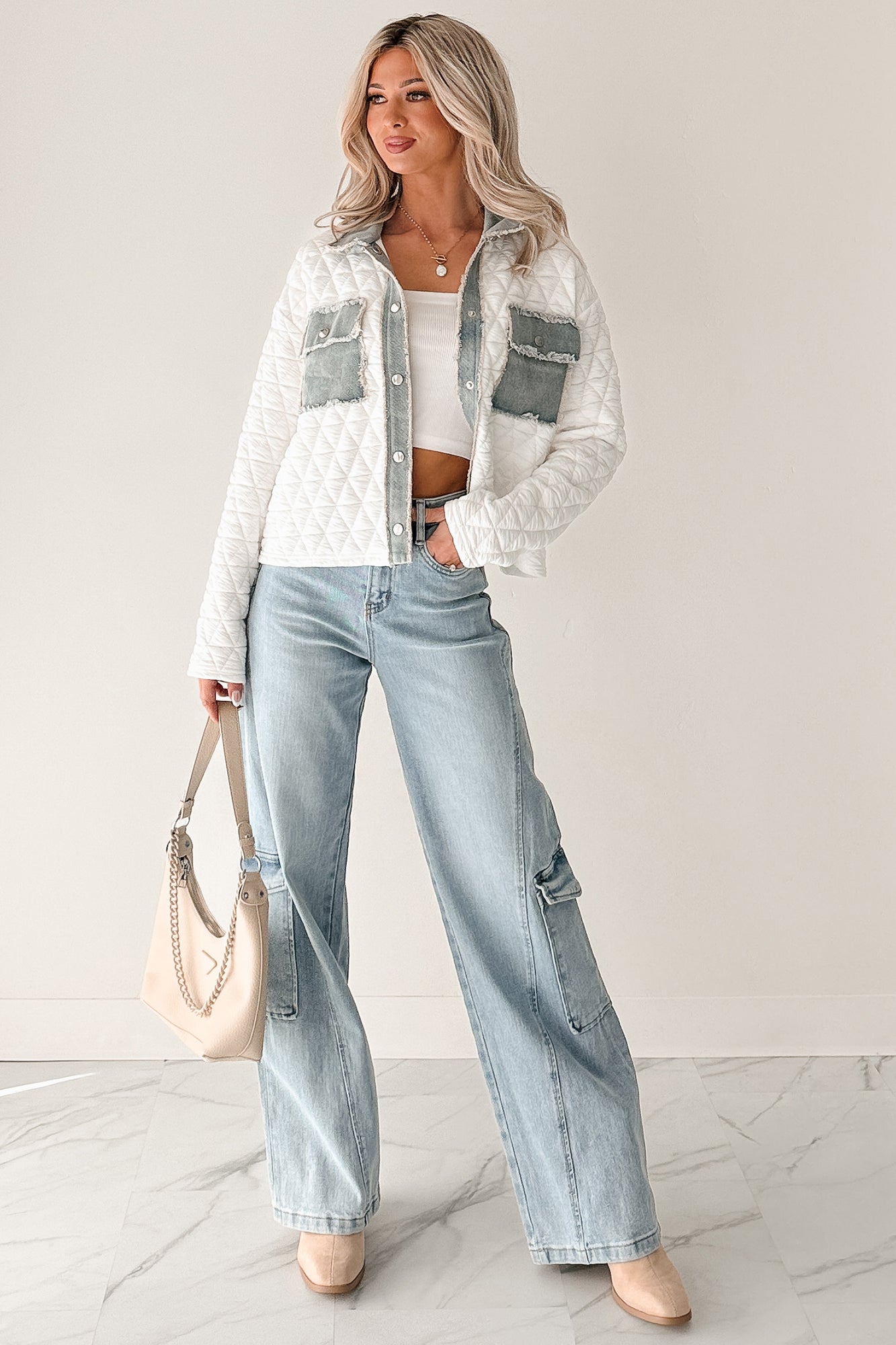 Always Me Quilted Denim Trim Jacket (Off White/Denim) - NanaMacs