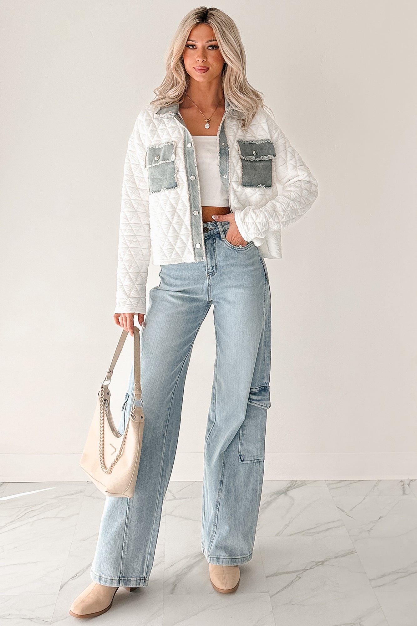 Always Me Quilted Denim Trim Jacket (Off White/Denim) - NanaMacs