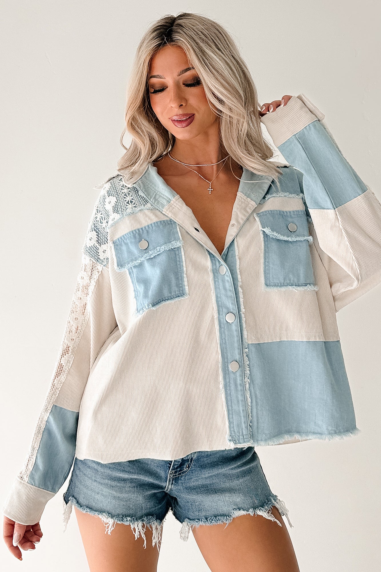 Bold Agenda Denim Corduroy Mix Shacket (Light Blue) - NanaMacs