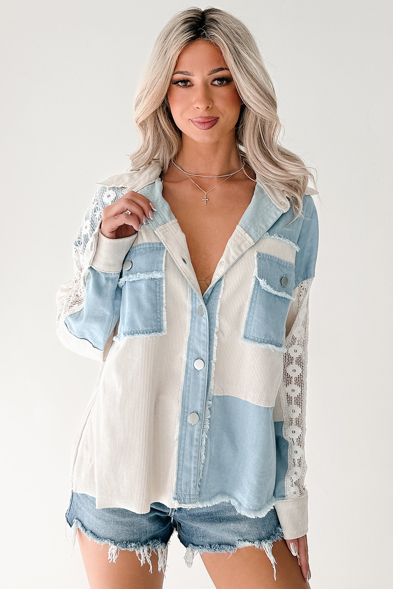 Bold Agenda Denim Corduroy Mix Shacket (Light Blue) · NanaMacs