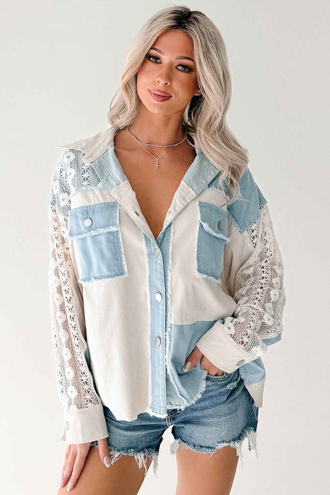 Bold Agenda Denim Corduroy Mix Shacket (Light Blue) - NanaMacs