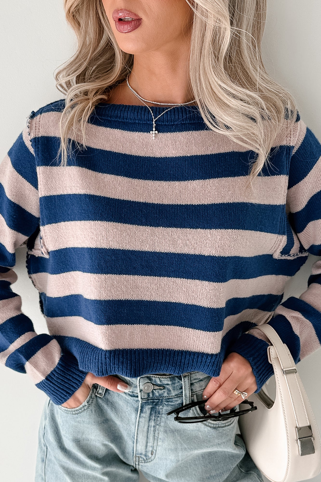 Wishing Well Stripe Boat Neck Sweater (Cobalt/Dusty Pink) - NanaMacs