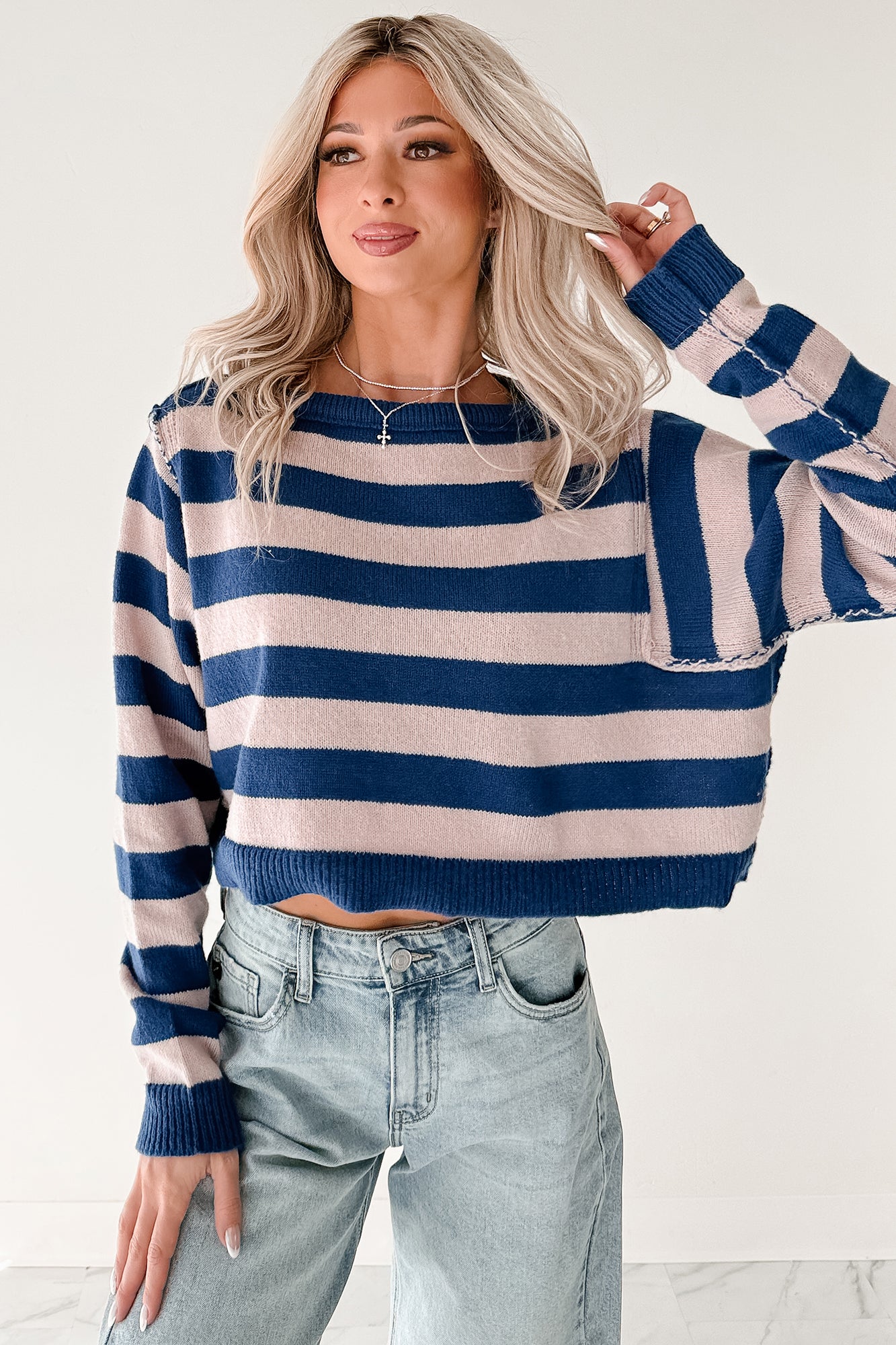 Wishing Well Stripe Boat Neck Sweater (Cobalt/Dusty Pink) - NanaMacs
